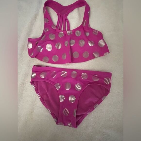 Girls size 7 Justice bright pink with silver colored circles racer back bikini - Picture 1 of 11